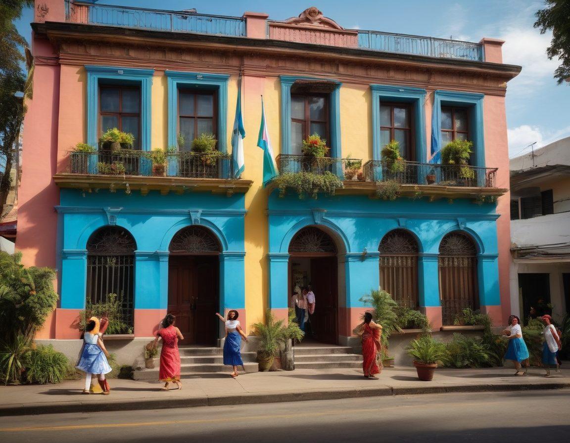 A cheerful scene outside the Guatemalan Consulate, featuring a diverse group of happy people engaging in delightful services like cultural exchanges, traditional dance, and art displays. The consulate's colorful facade and vibrant Guatemalan flags add a festive touch. Lush greenery and a sunlit sky amplify the joyful atmosphere. super-realistic. vibrant colors.