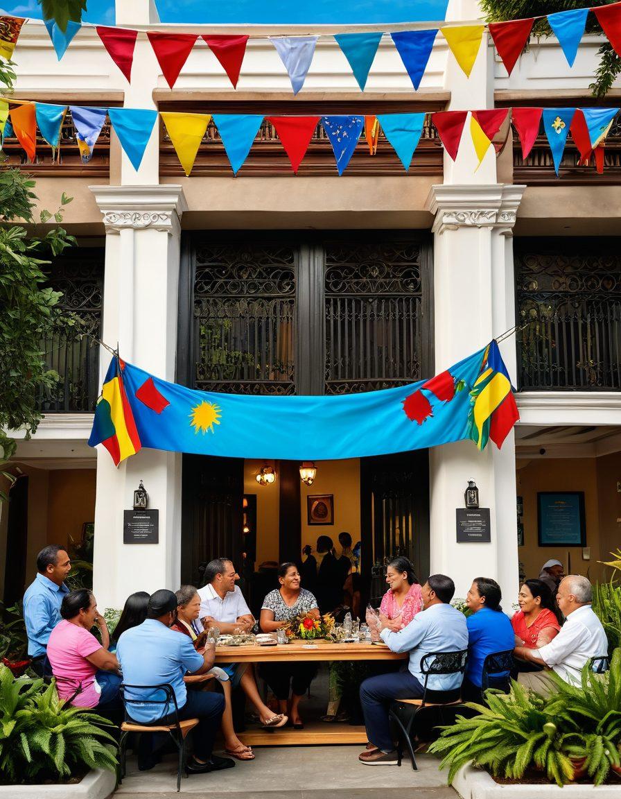 A vibrant scene depicting a diverse group of people engaged in joyful conversation outside the Guatemalan Embassy, surrounded by colorful traditional Guatemalan decorations and flags. Showcase a warm, welcoming atmosphere with smiles and laughter, while incorporating elements of community support like helping hands and cultural exchanges. Include lush greenery in the background to symbolize growth and connection. super-realistic. vibrant colors. 3D.