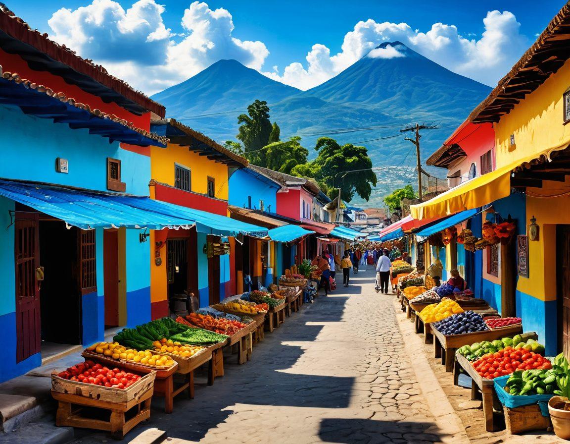 A vibrant landscape of Guatemala showcasing colorful traditional markets and picturesque colonial architecture. Include a diverse group of cheerful expats engaging with local artisans, savoring traditional foods, and immersed in cultural experiences. The sky should be bright blue with fluffy clouds, highlighting the warmth of the atmosphere. super-realistic. vibrant colors. 3D.